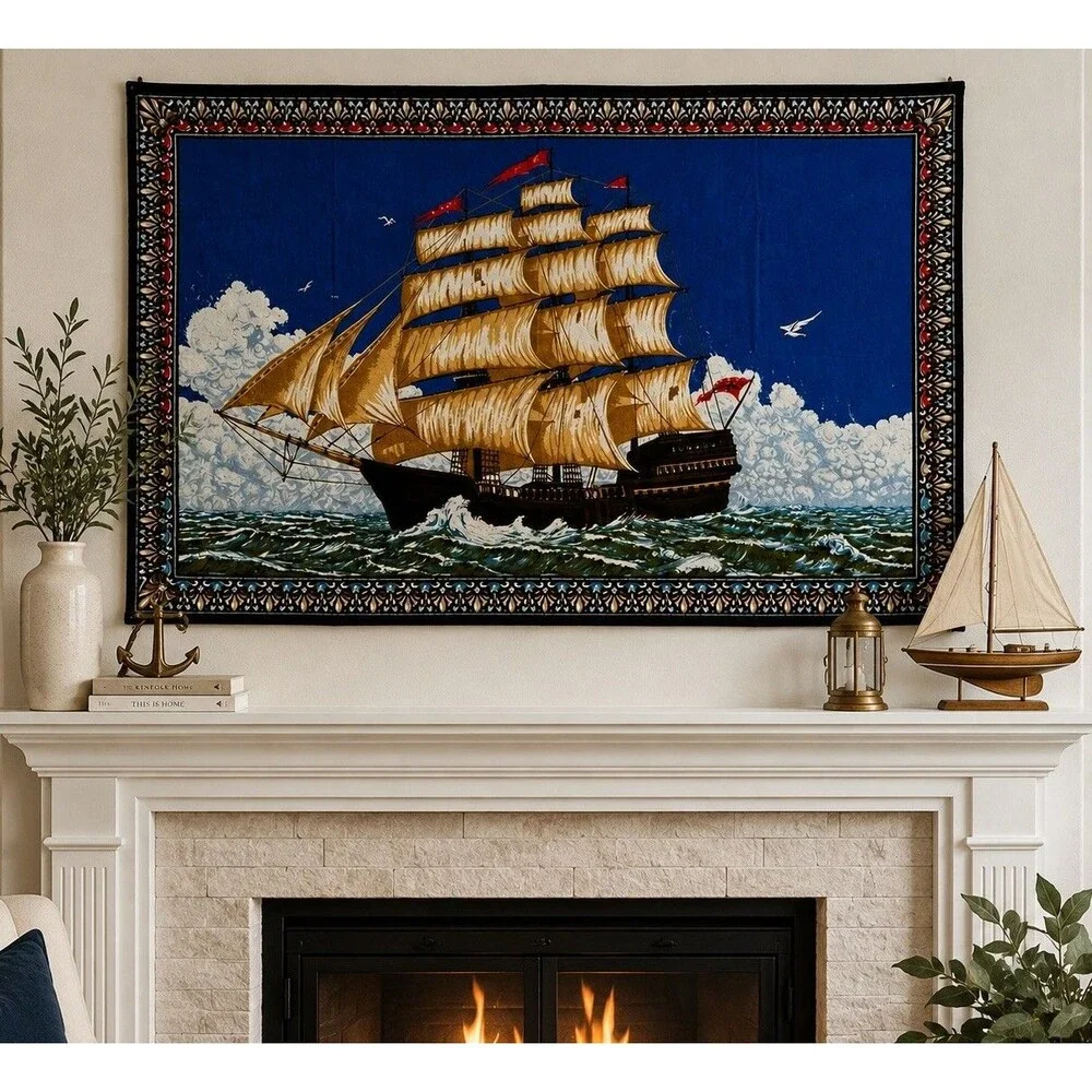 Vintage Turkish Sailing Ship Velour Wall Tapestry 100% Cotton 57x38 Nautical
